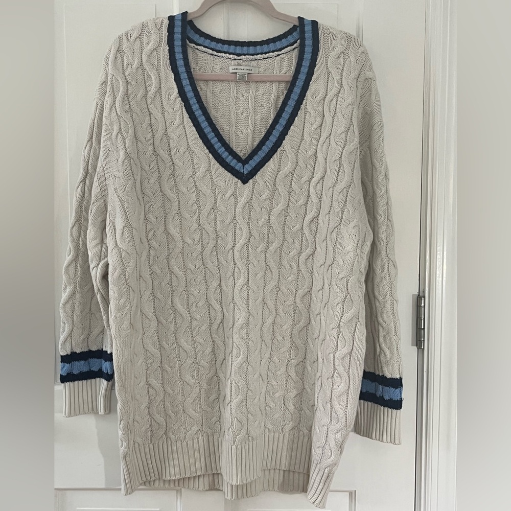 American Eagle Varsity Style Cream and Blue Cable Knit Sweater Size XL